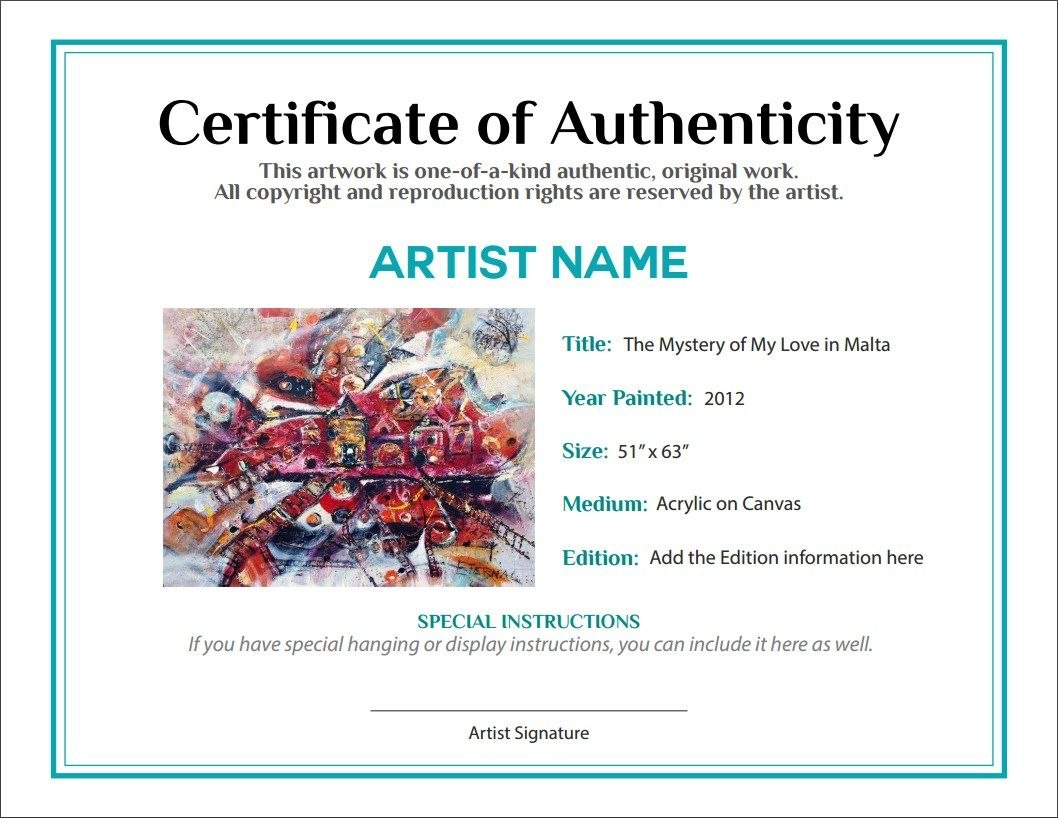 Bill Of Sale Certificate Of Authenticity Agora Gallery with Certificate Of Authenticity Photography Template