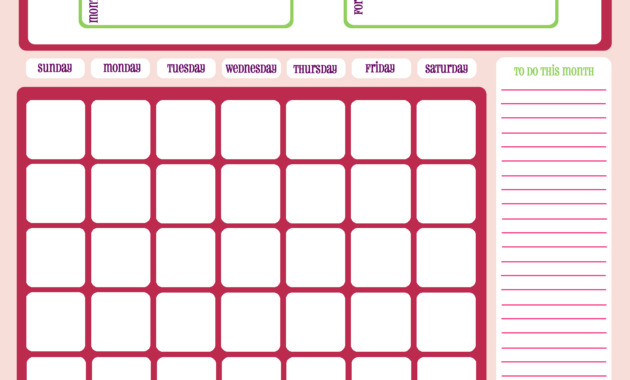 Blank Month Calendar  Pinks  Free Printable Downloads From Choretell throughout Blank One Month Calendar Template