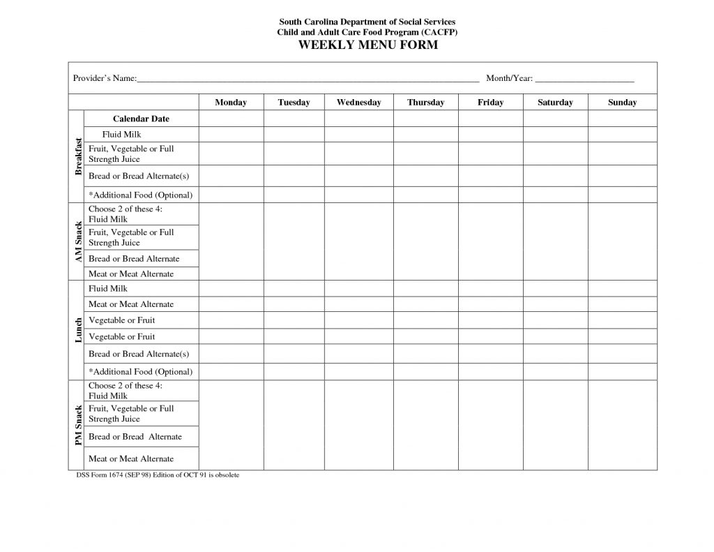 Blank Weekly Menu Calendar Little Hands Recipes In Daycare for Daycare