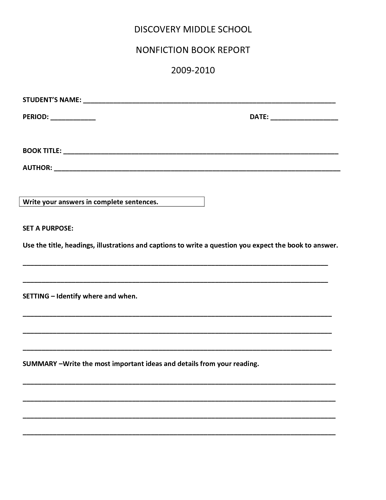 Book Report Template  Discovery Middle School Nonfiction Book with Middle School Book Report Template