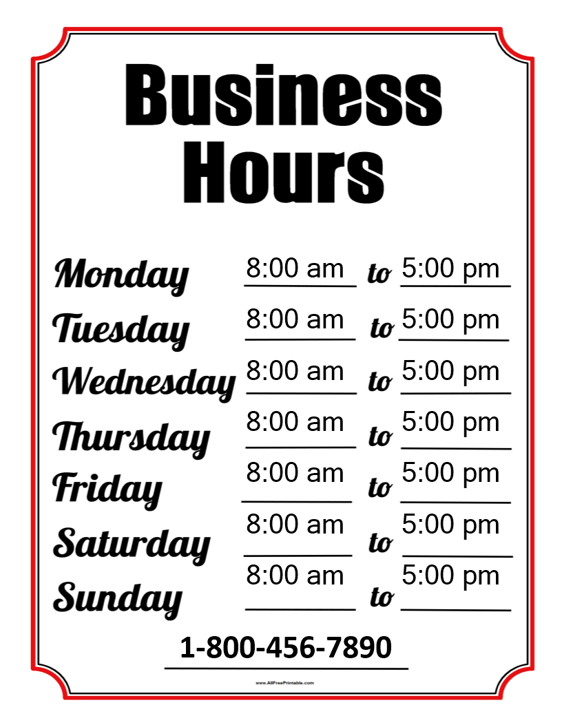 Business Hours Template  Templates At Allbusinesstemplates with regard to Printable Business Hours Sign Template