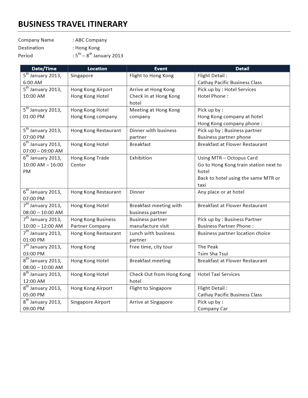 Business Trip Itinerary for Business Travel Itinerary Template Word