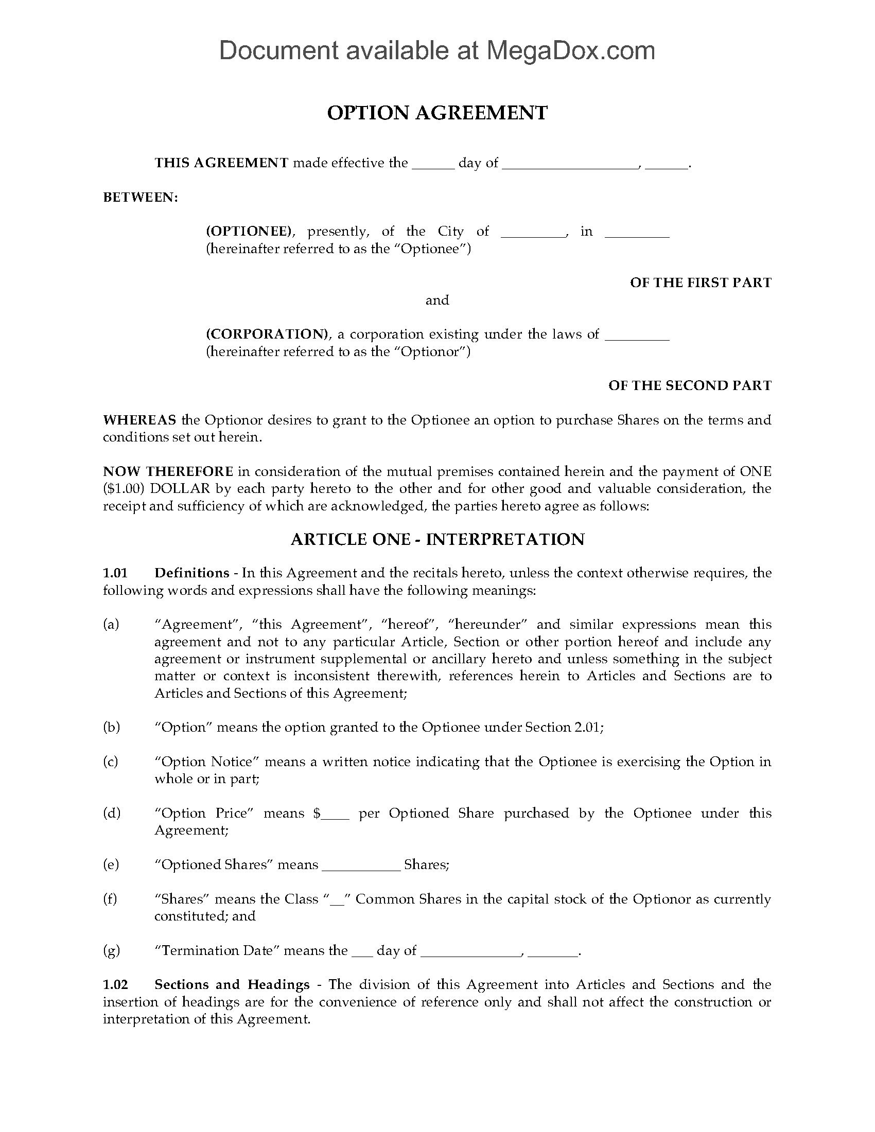 Canada Stock Option Agreement Nonplan  Legal Forms And Business with Supplemental Agreement Template