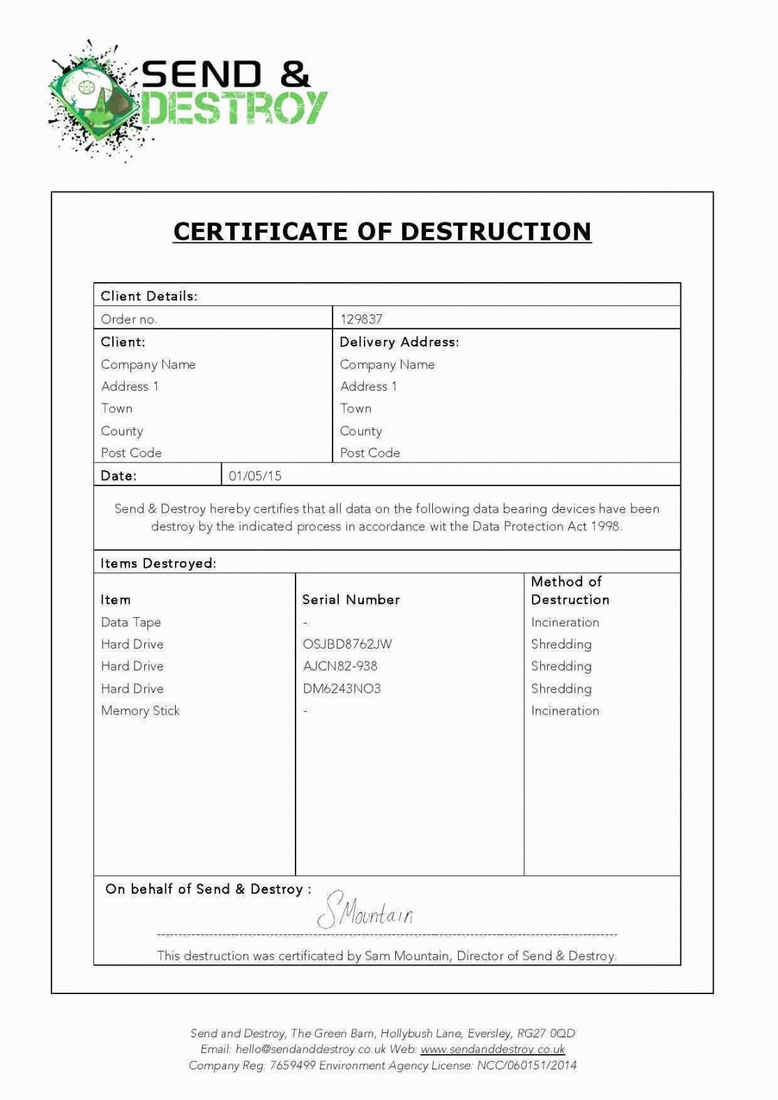 Certificate Of Destruction Template Word Certificatetemplateword throughout Hard Drive Destruction Certificate Template