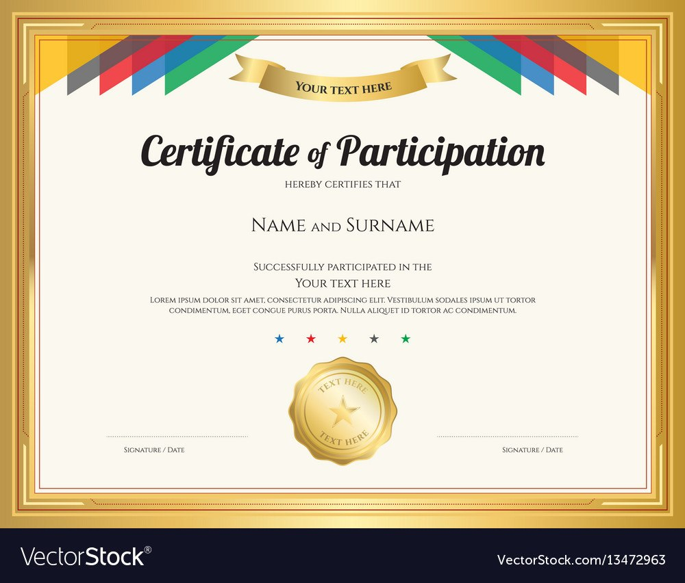 Certificate Of Participation Template With Gold Vector Image for Free Templates For Certificates Of Participation