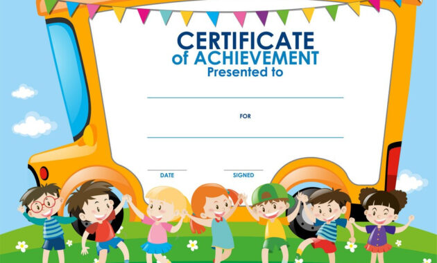 Certificate Template With Children And School Bus Vector Image intended for School Certificate Templates Free