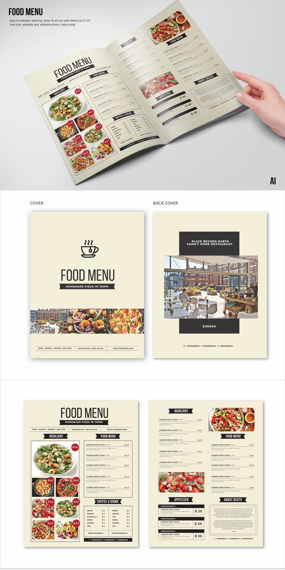 Clean  Fresh A  Us Letter Food Menu Template — Adobe Illustrator in Adobe Illustrator Menu Template