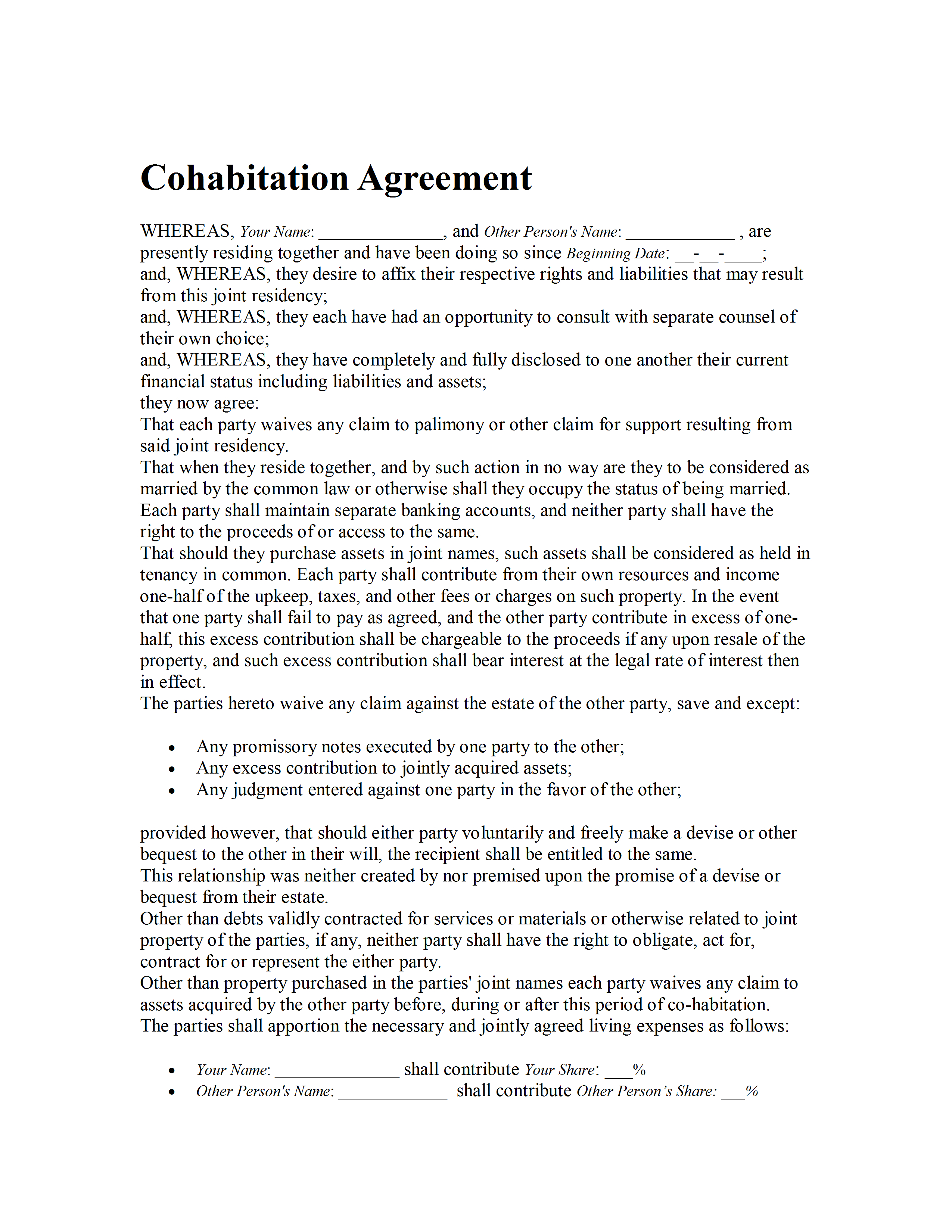 Cohabitation Agreement Template pertaining to Free Cohabitation Agreement Template