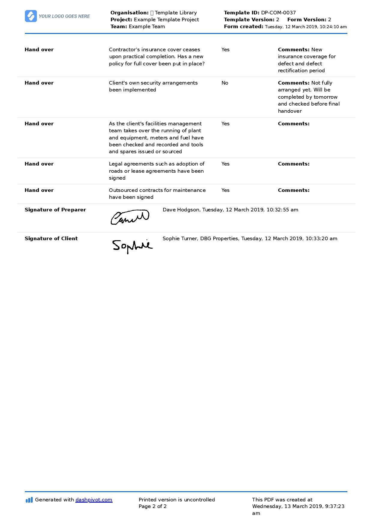 Construction Project Handover Document Sample To Use Or Copy within Handover Certificate Template