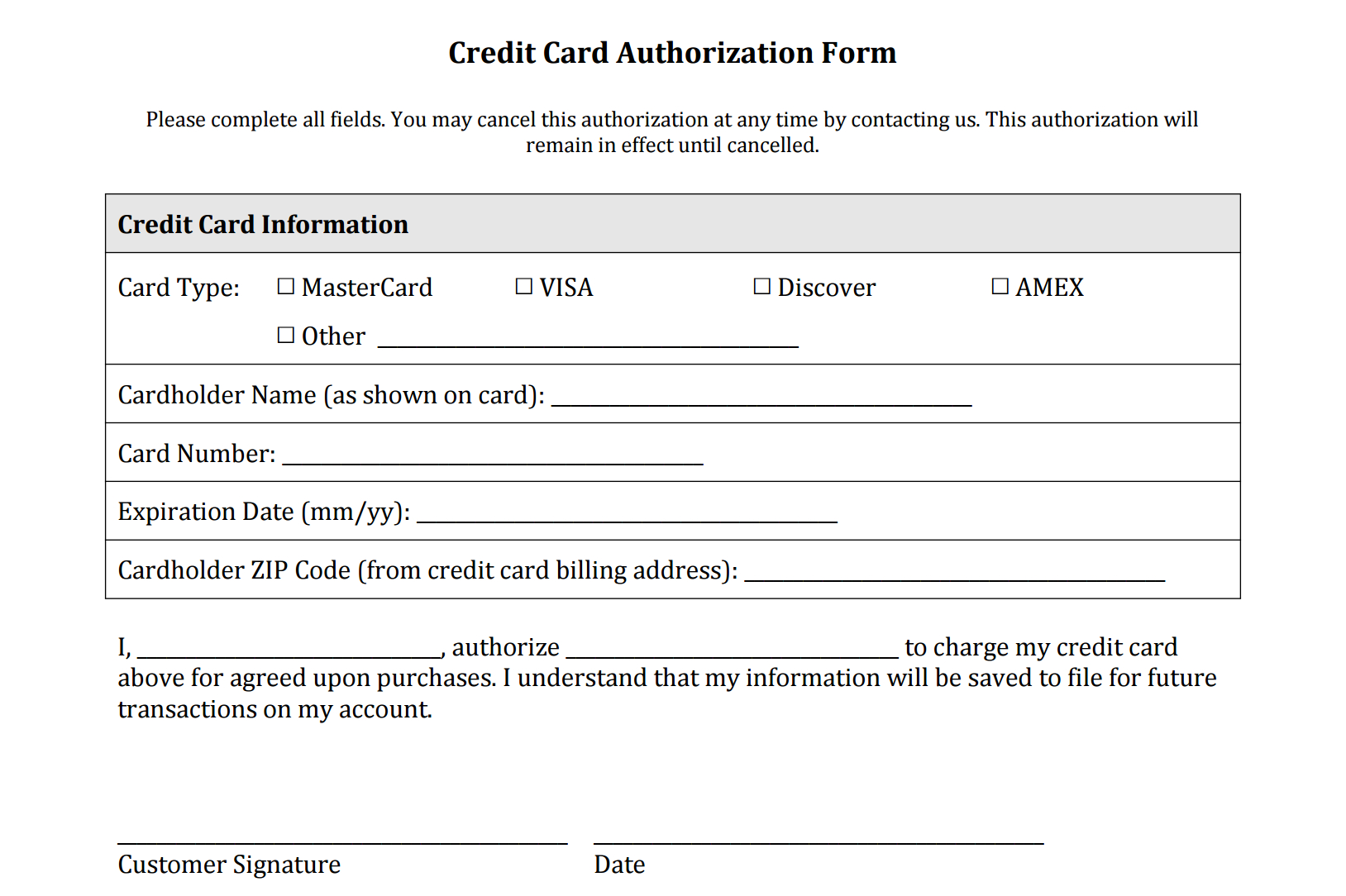 Credit Card Authorization Form Templates Download regarding Credit Card On File Form Templates
