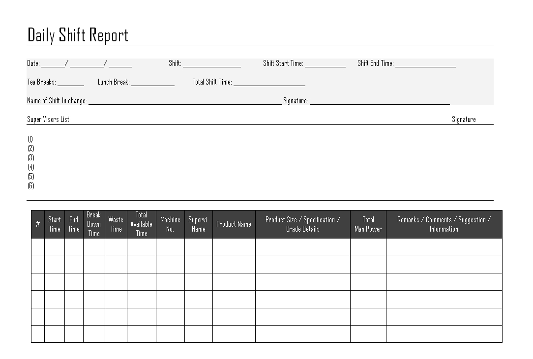 Daily Shift Report for Shift Report Template