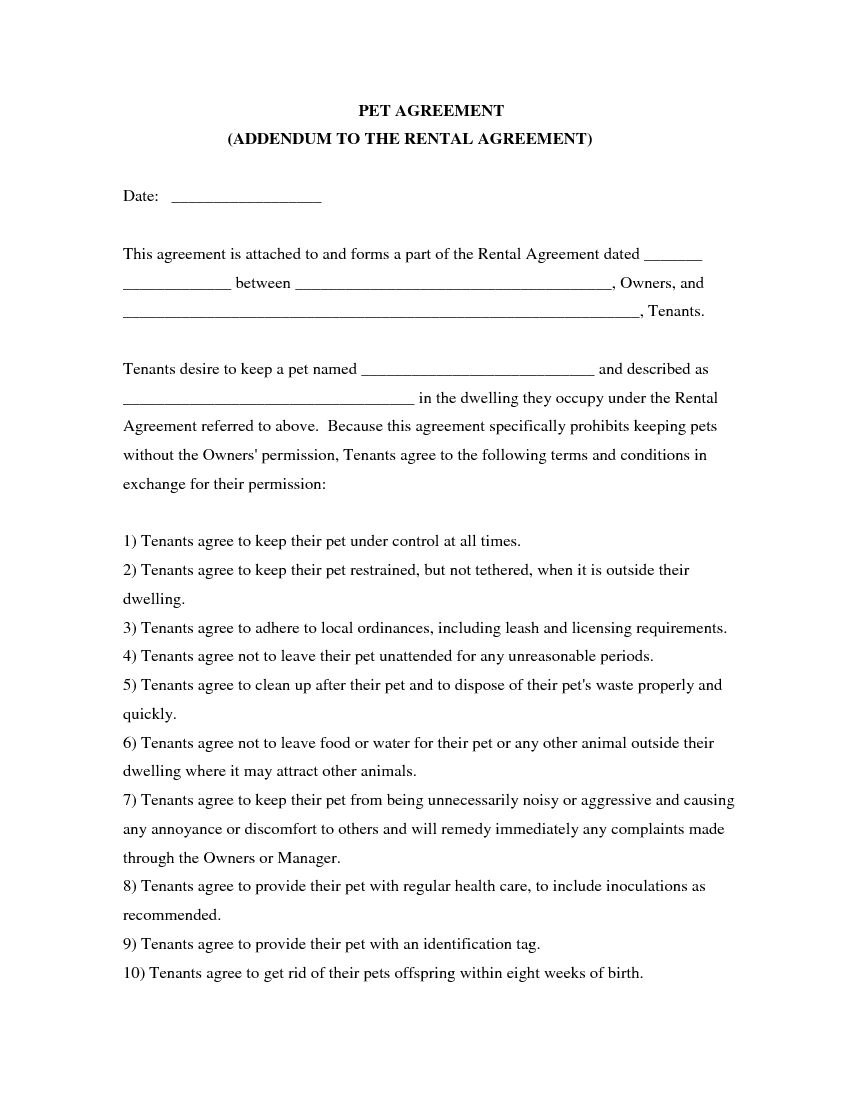 Download Free Pet Agreement Addendum To Rental Agreement  Printable with regard to Pet Addendum To Lease Agreement Template
