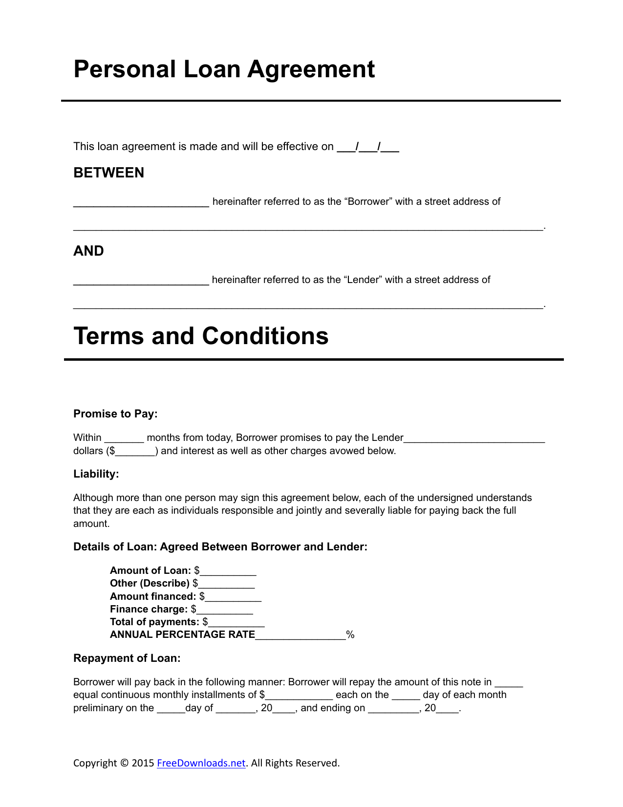 Download Personal Loan Agreement Template  Pdf  Rtf  Word in Private Loan Agreement Template Free