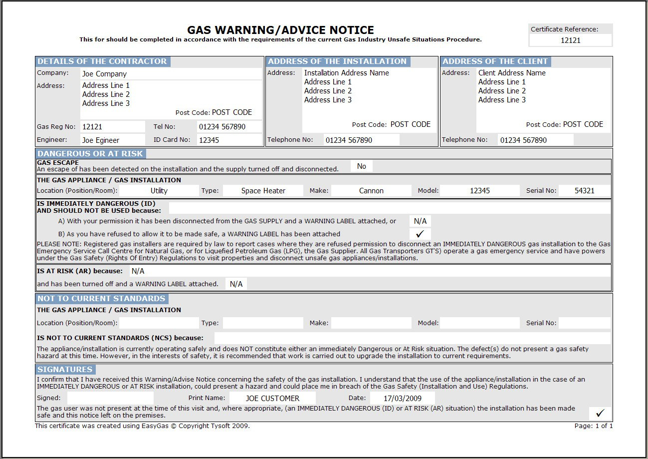 Easygas Certification Software in Minor Electrical Installation Works Certificate Template