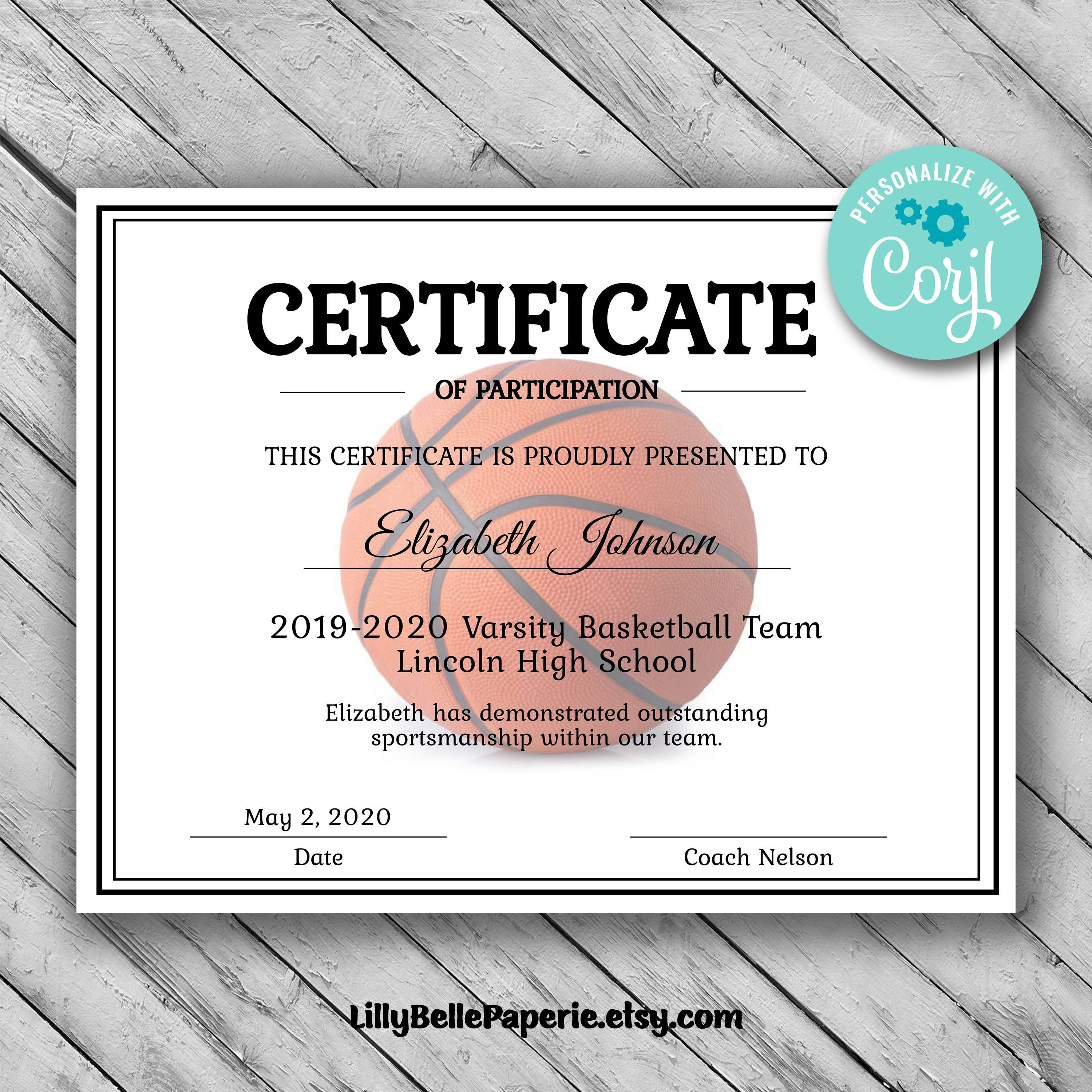 Editable Basketball Certificate Template Printable  Etsy throughout Basketball Camp Certificate Template