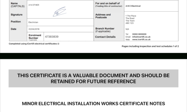 Electrical Certificate  Example Minor Works Certificate  Icertifi for Electrical Installation Test Certificate Template
