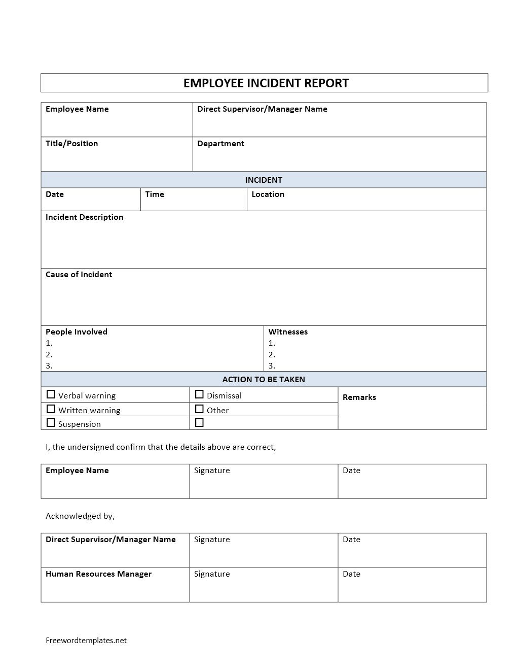 Employee Incident Report regarding Employee Incident Report Templates