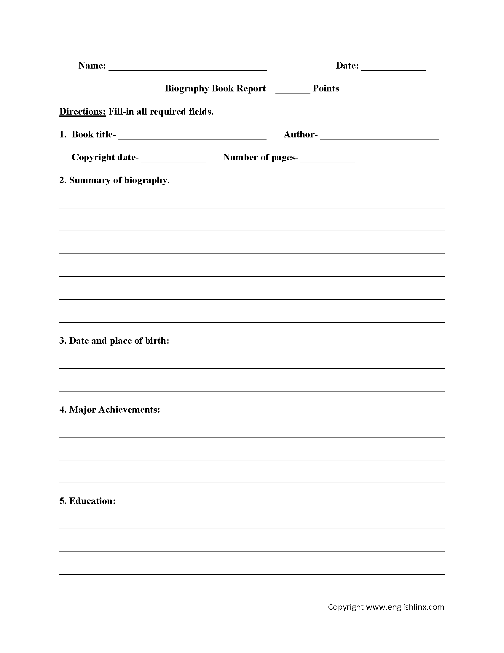 Englishlinx  Book Report Worksheets inside Book Report Template 5Th Grade