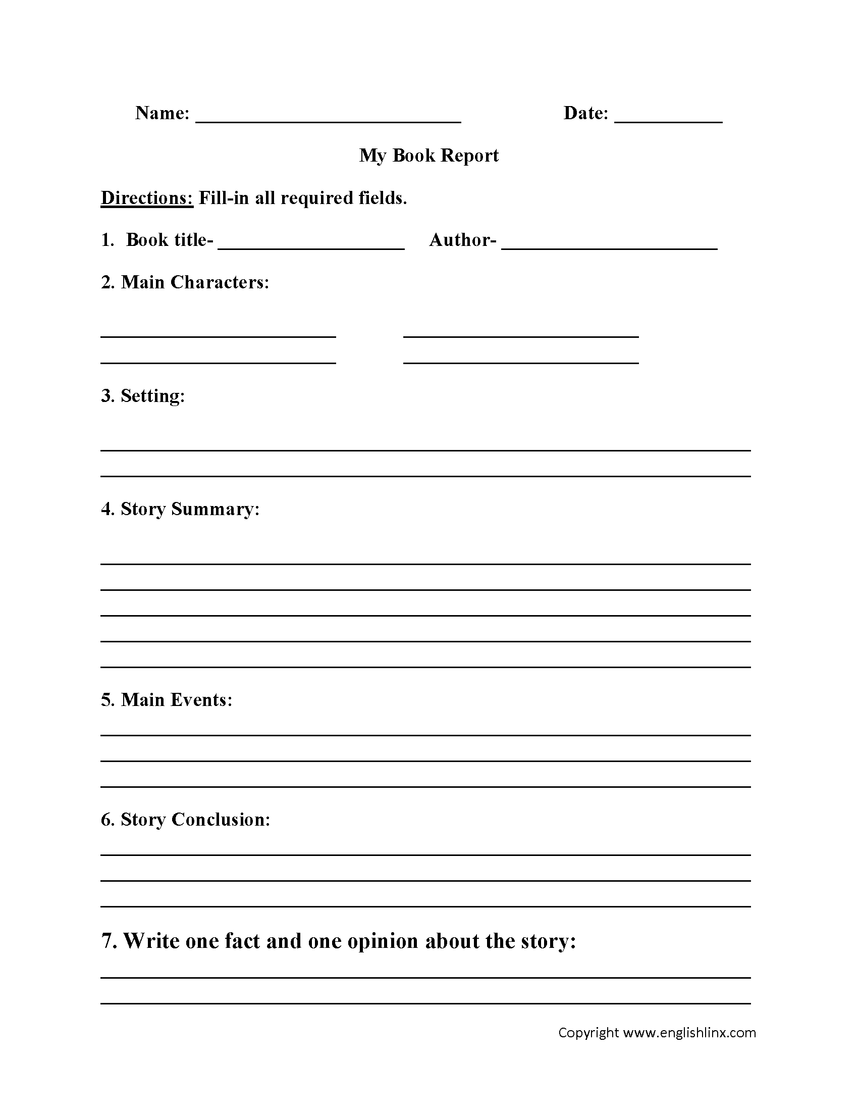Englishlinx  Book Report Worksheets intended for Book Report Template 5Th Grade