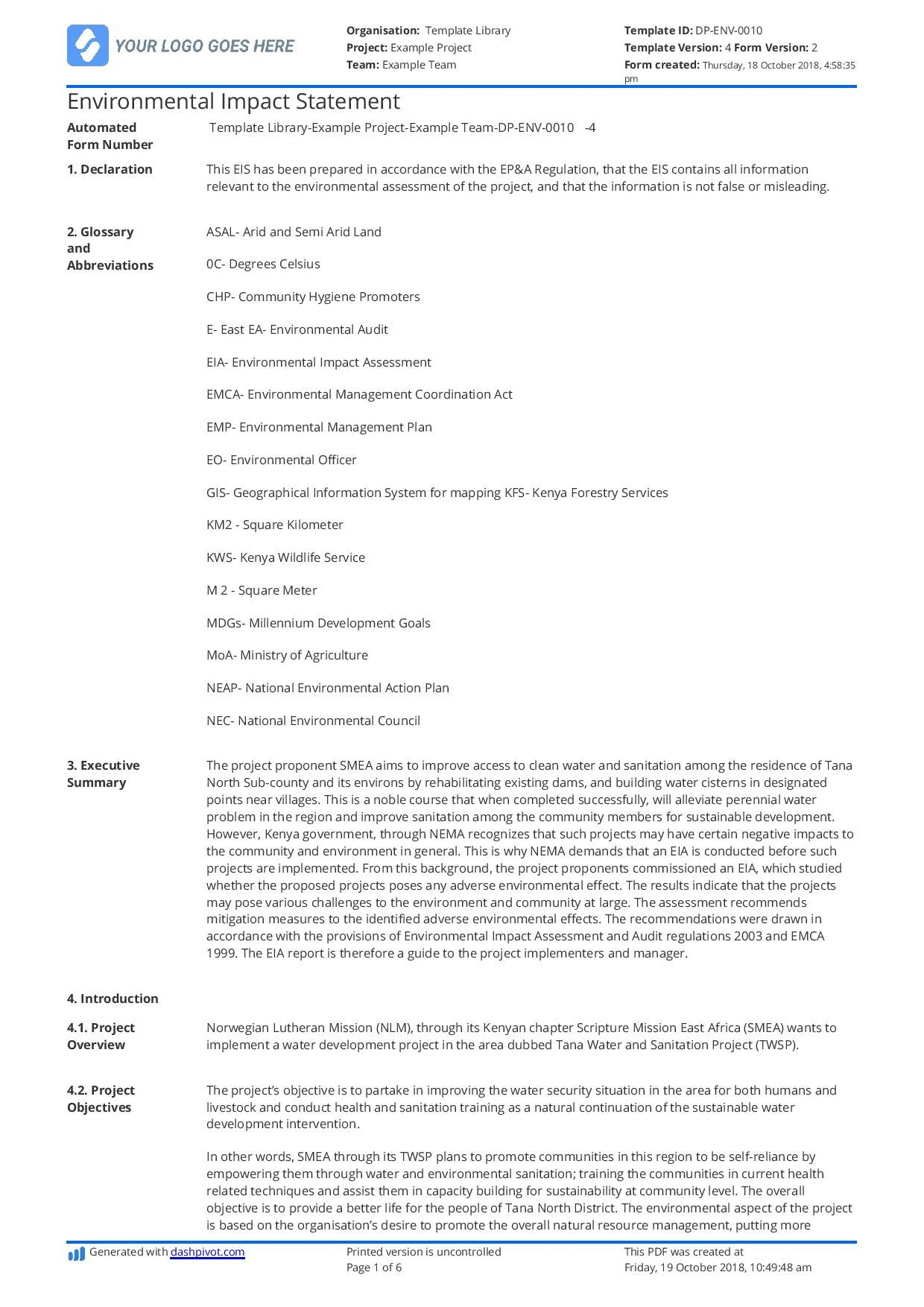 Environmental Impact Statement Example Free And Customisable for Environmental Impact Report Template