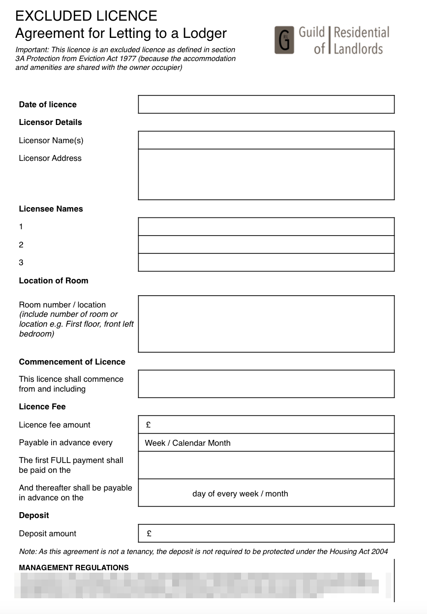 Excluded Licence Lodger Agreement  Grl Landlord Association within Landlord Lodger Agreement Template