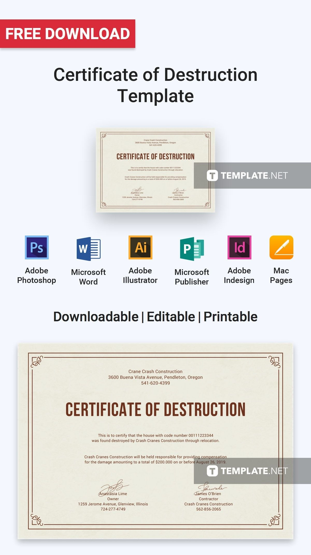 Free Certificate Of Destruction  Certificate Templates  Designs throughout Free Certificate Of Destruction Template