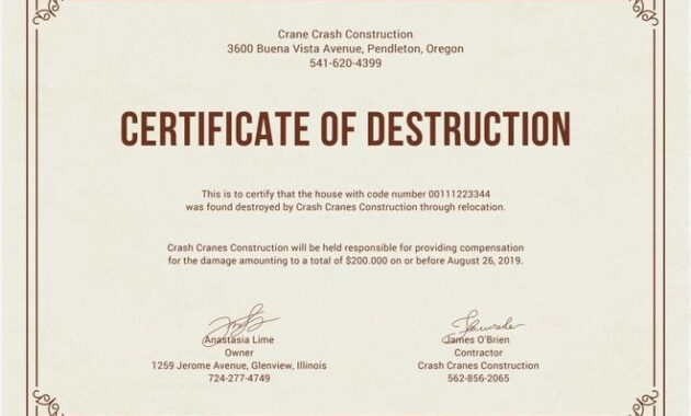 Free Certificate Of Destruction  Free Certificate Templates  Free inside Free Certificate Of Destruction Template