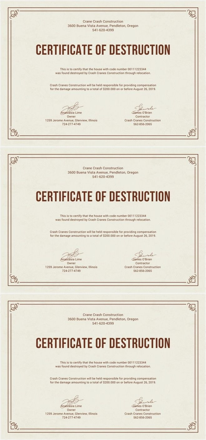 Free Certificate Of Destruction  Free Certificate Templates  Free inside Free Certificate Of Destruction Template