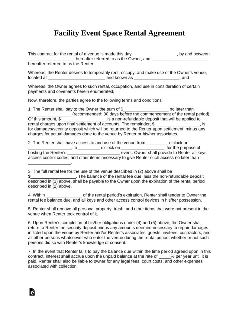 Free Event Facility Space Rental Agreement Template  Pdf  Word in Venue Rental Agreement Template