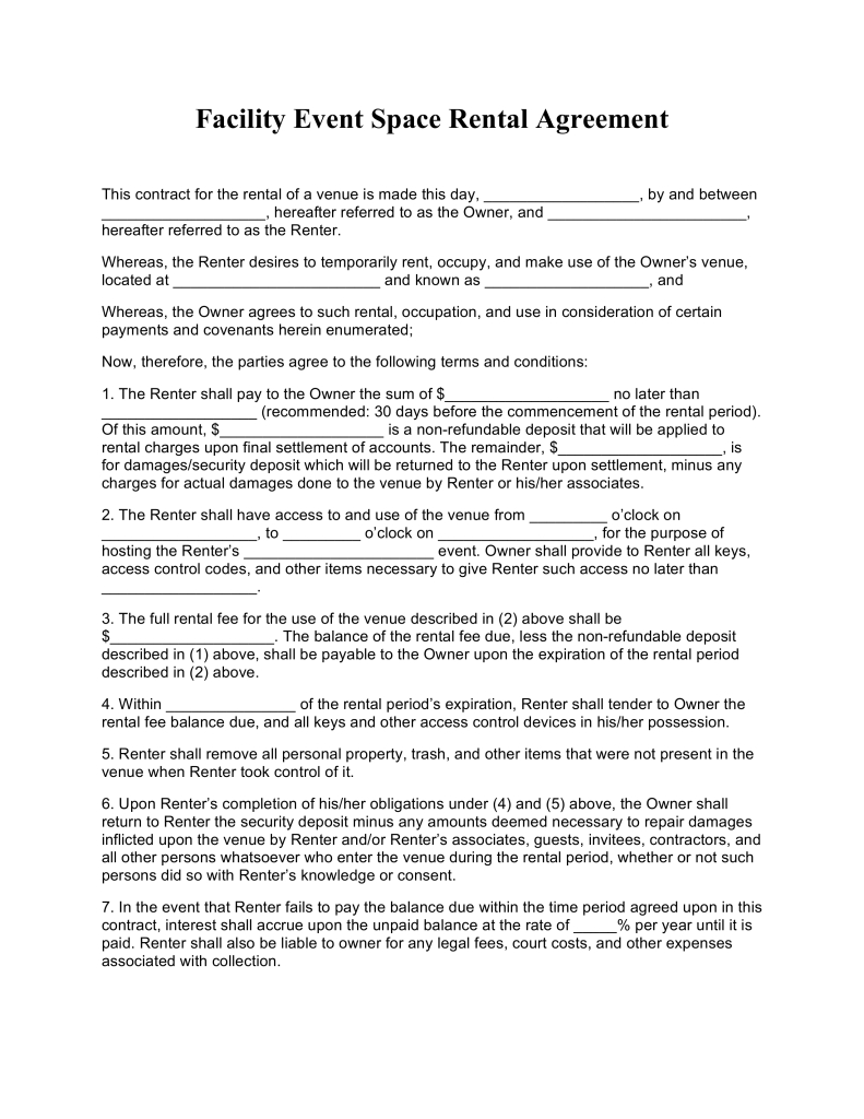 Free Facility Event Space Rental Agreement Template  Pdf  Word pertaining to Free Facility Rental Agreement Template