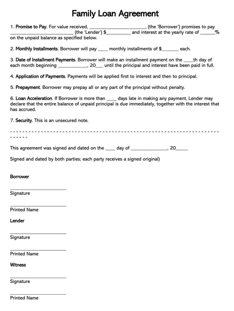 Free Family Loan Agreement Forms And Templates Wordpdf regarding Family Loan Agreement Template Free