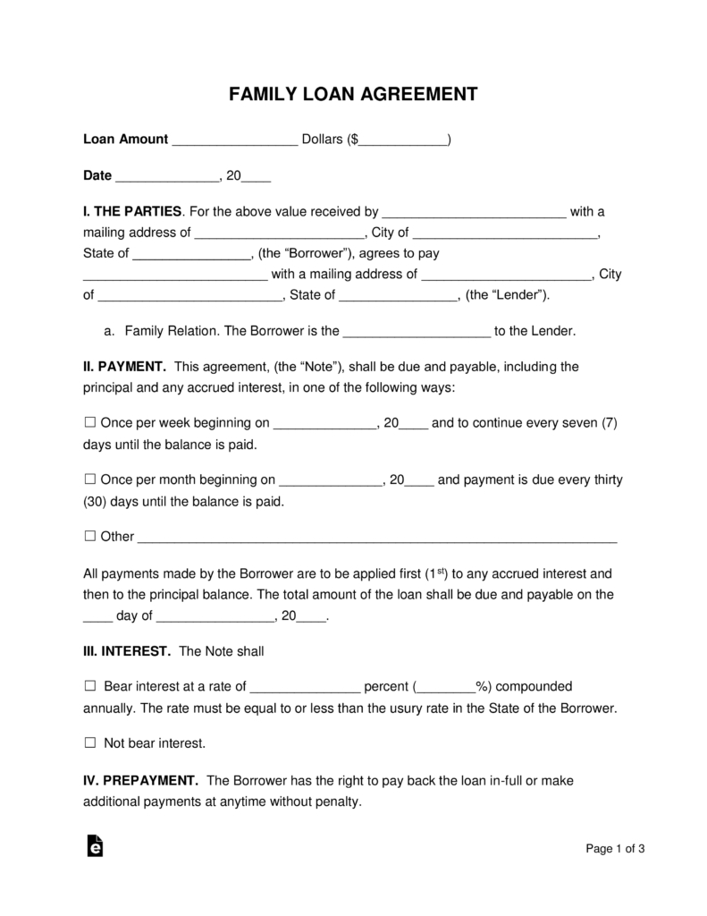 Free Family Loan Agreement Template  Pdf  Word  Eforms – Free with Family Loan Agreement Template Free