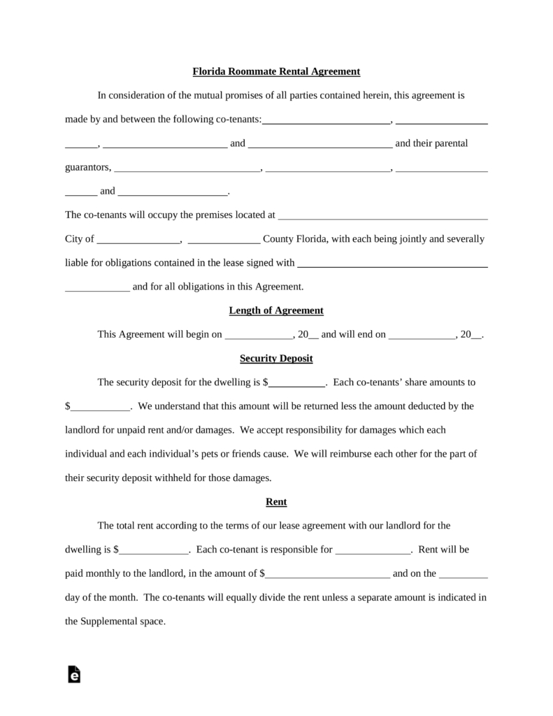 Free Florida Roommate Room Rental Agreement Template  Pdf  Word throughout Supplemental Agreement Template