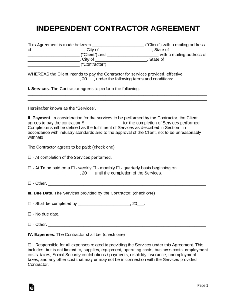 Free Independent Contractor Agreement Template  Pdf  Word  Eforms regarding Pilot Test Agreement Template