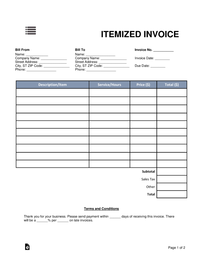 Free Itemized Invoice Template  Word  Pdf  Eforms – Free Fillable regarding Itemized Invoice Template