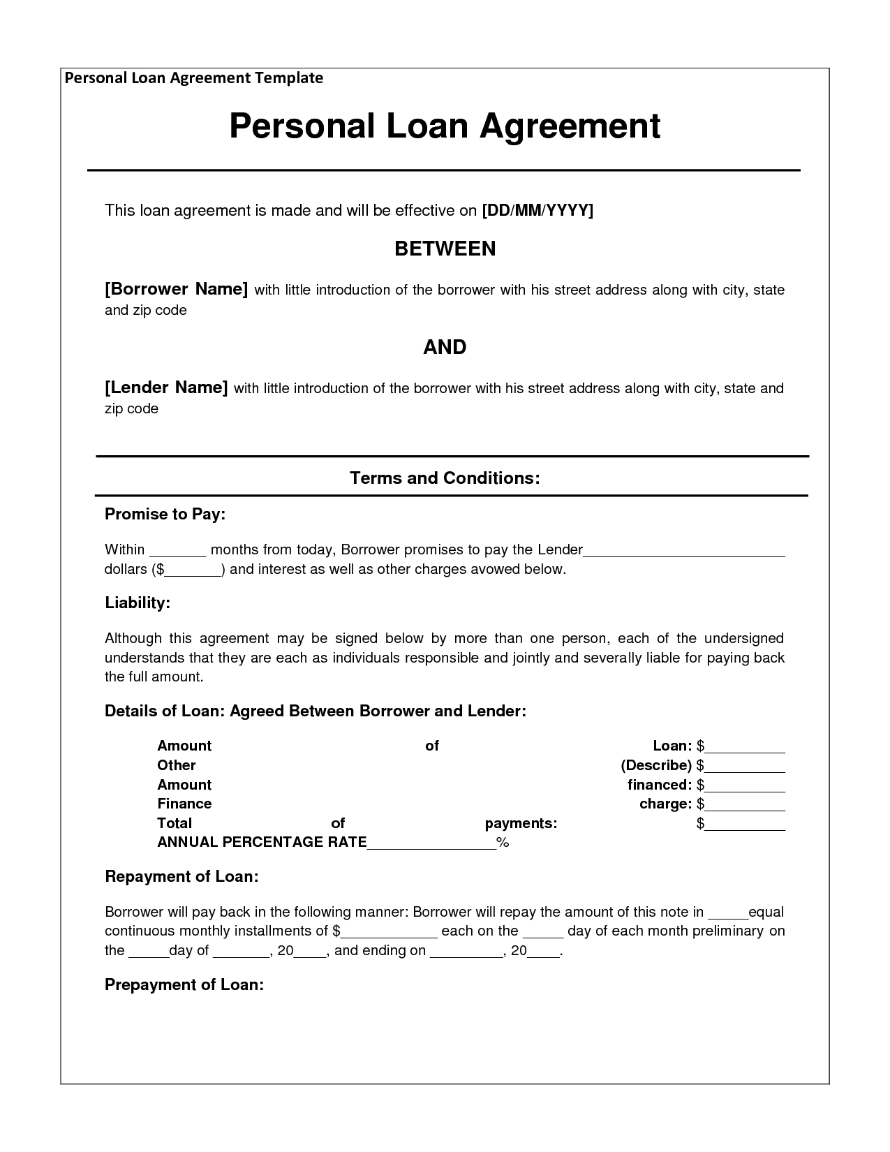 Free Personal Loan Agreement Form Template   Approved In for Private Loan Agreement Template Free