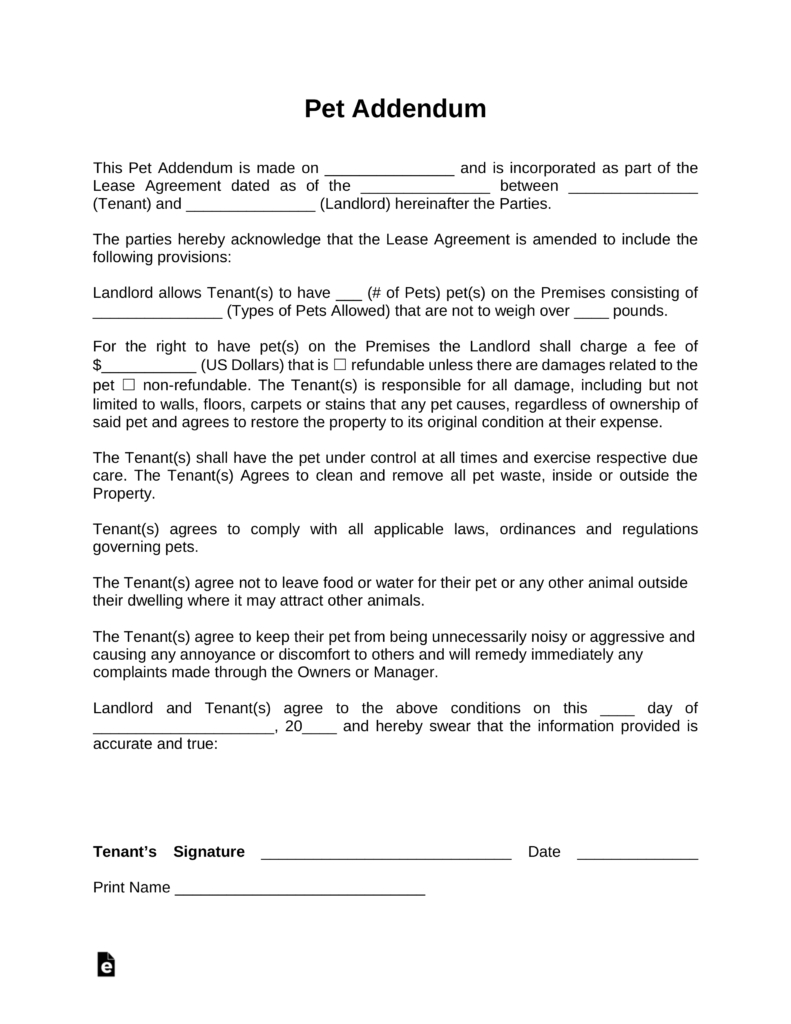 Free Pet Addendum To Lease  Pdf  Word  Eforms – Free Fillable Forms throughout Pet Addendum To Lease Agreement Template