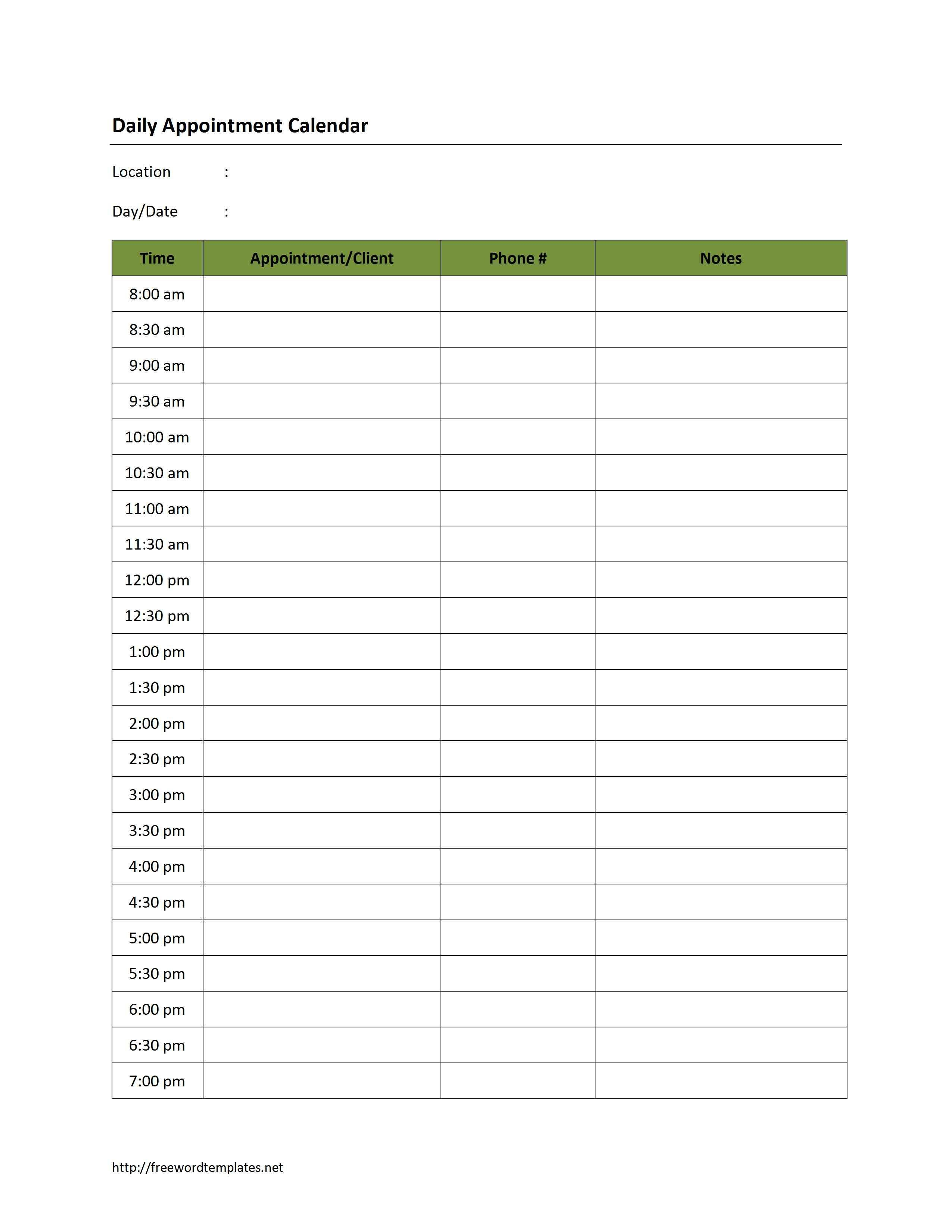 Free Printable Blank Daily Calendar  D Daily Appointment throughout Printable Blank Daily Schedule Template