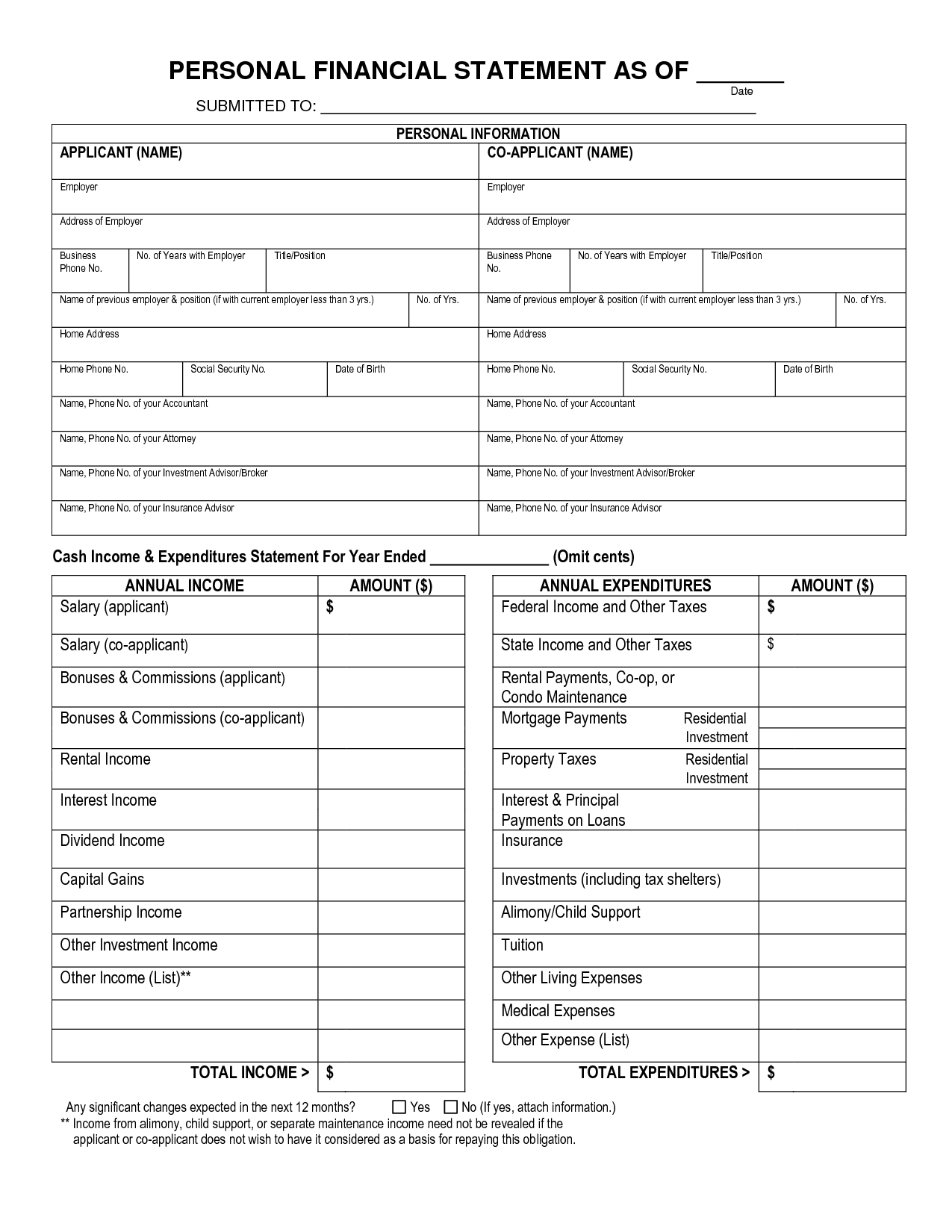 Free Printable Personal Financial Statement  Blank Personal pertaining to Blank Personal Financial Statement Template
