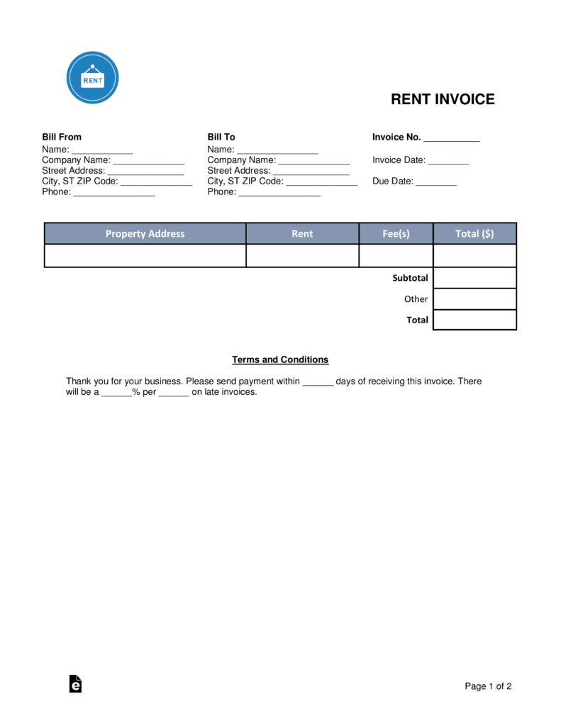 Free Rental Monthly Rent Invoice Template  Word  Pdf  Eforms with Monthly Rent Invoice Template
