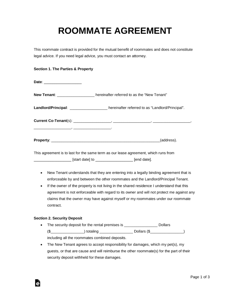 Free Roommate Room Rental Agreement Template  Pdf  Word  Eforms pertaining to Free Roommate Rental Agreement Template