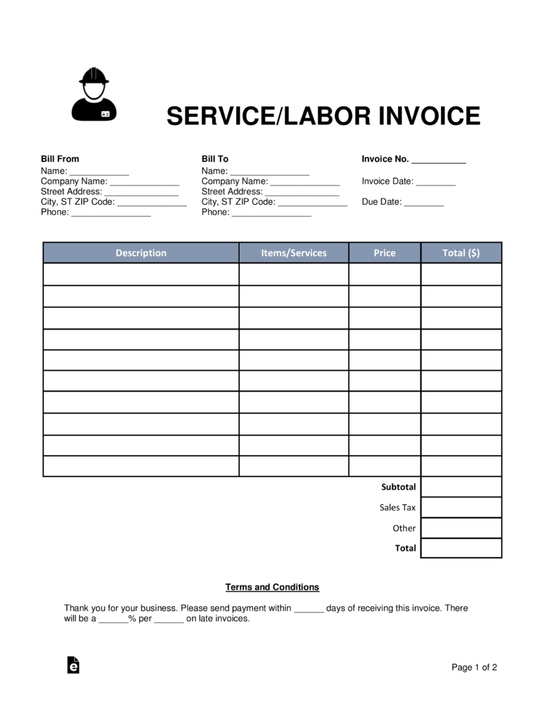 Free Servicelabor Invoice Template  Word  Pdf  Eforms – Free within Labor Invoice Template Word