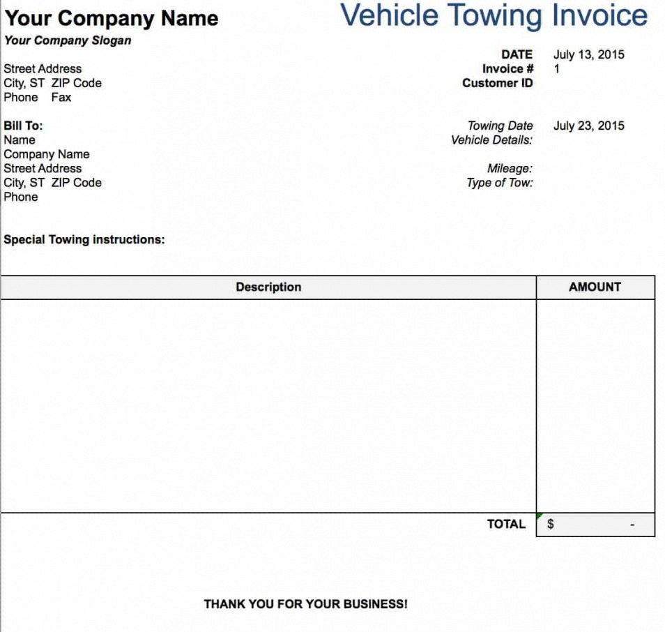 Free Tow Service Invoice Template  Excel  Pdf  Word Doc for Towing Service Invoice Template