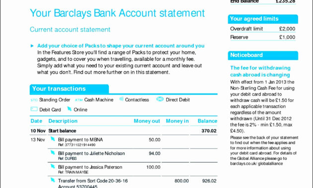 Free Us Bank Statement Template Barclays Fake Uk Create Download regarding Blank Bank Statement Template Download