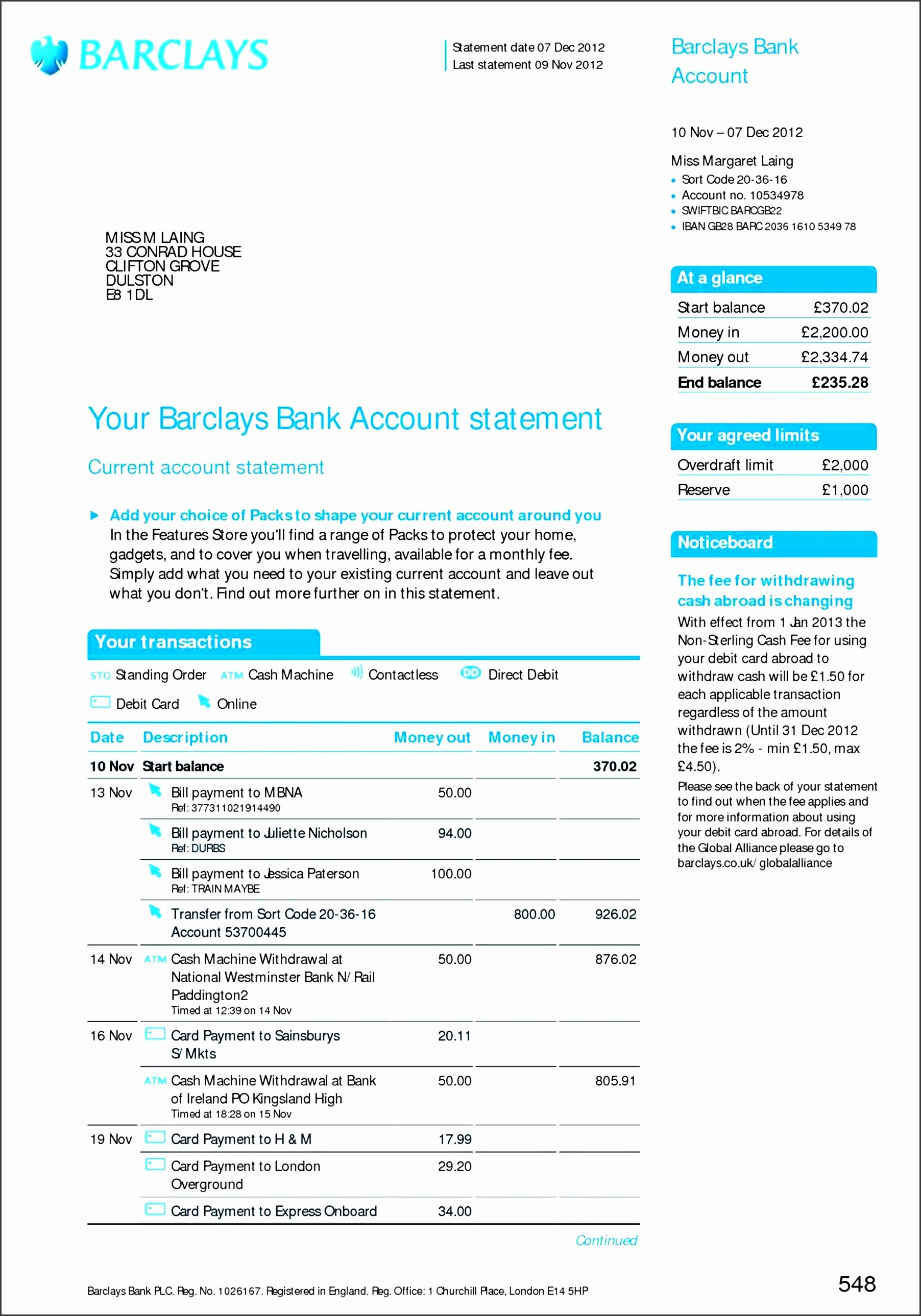 Free Us Bank Statement Template Barclays Fake Uk Create Download regarding Blank Bank Statement Template Download