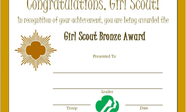 Girl Scout Bronze Award Certificate  Girl Scouts  Girl Scout regarding Leadership Award Certificate Template