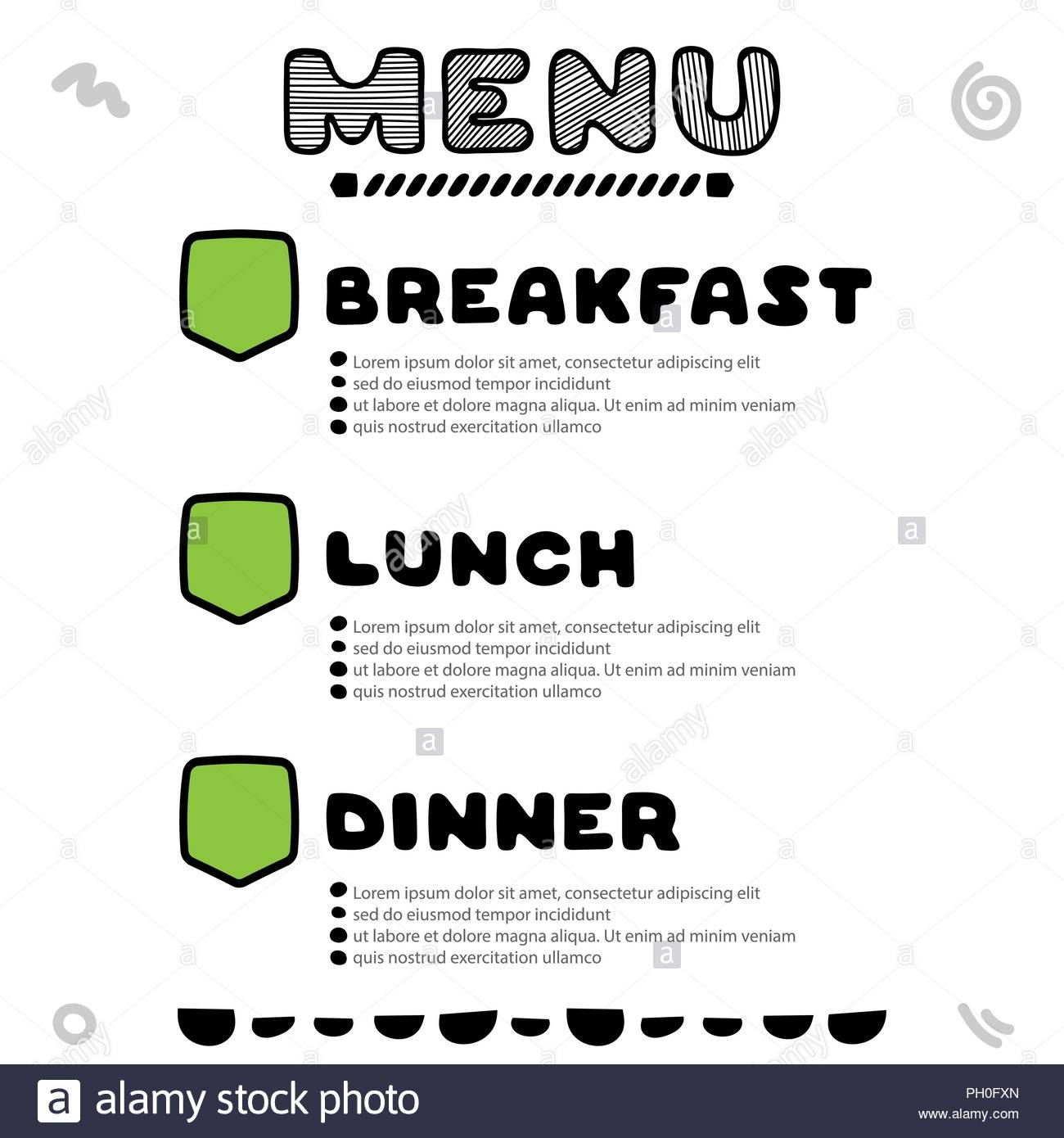Hand Drawn Menu For Cafe With Breakfast Lunch Dinner Inscriptions regarding Breakfast Lunch Dinner Menu Template