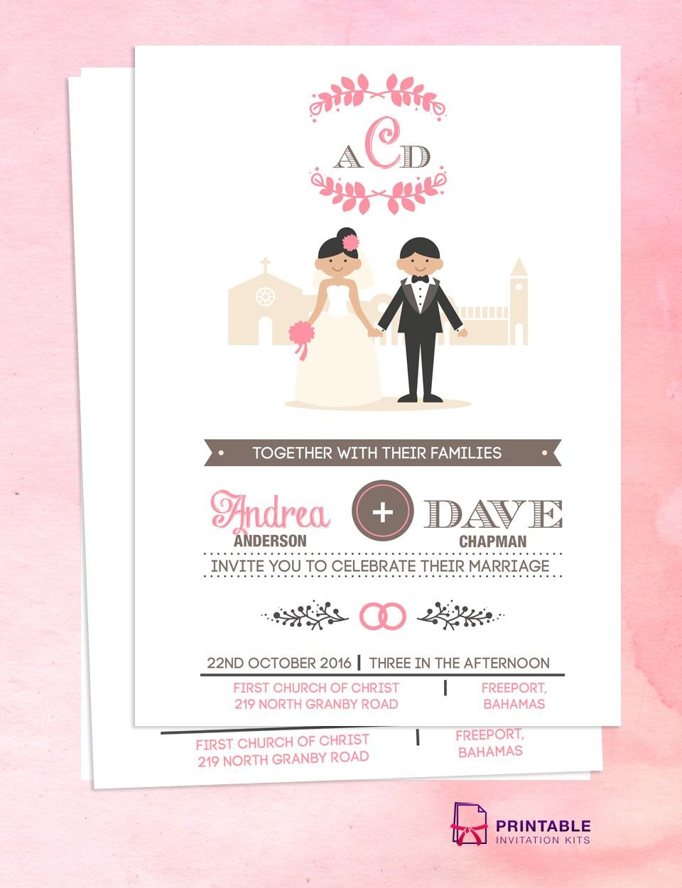 Illustrated Couple In Front Of Church Wedding Invitation Template inside Church Wedding Invitation Card Template