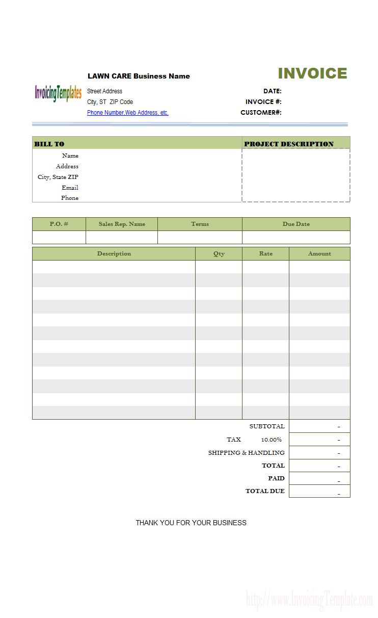 Lawn Care Invoice Template  Landscaping Business  Invoice Template within Lawn Care Invoice Template Word