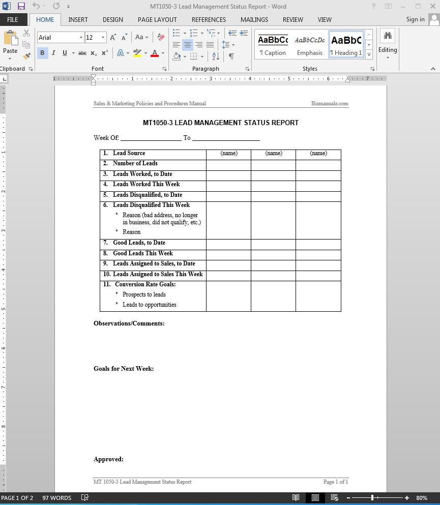 Lead Management Status Report Template pertaining to Sales Lead Report Template